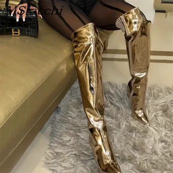 Огледало Дамски ботуши над коляното Нощен клуб Stilettos Заострени пръсти високи токчета ботуши Zipper-Sid жени високо коляното ботуши 2024