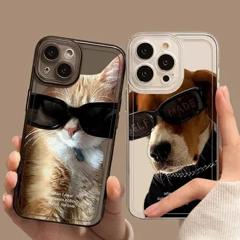 Смешни слънчеви очила котка куче двойки телефон случай за IPhone 15 14 13 Pro Max меки корици за 12 11 PRO MAX X XS 7 8 Plus Clear Fundas