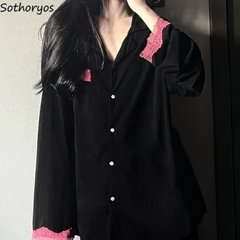 Черна пижама комплекти жени облицовани дантела дизайн торбест свободно време шик Vibe корейски стил нов спално облекло дома салон мека пролет есен
