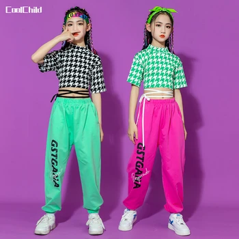 Hip Hop Girls Plaid Crop Top Плътен цвят джогъри Детски кариран суитчър Улични танцови панталони Детски улични облекла Джаз дрехи комплекти