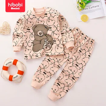 hibobi 2-парче 100% памук детски удобни кръг врата топло дома дрехи комплект сладък мечка пижами и пижама панталони комплект