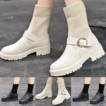 2023Дамски кръгли Toe високи токчета помпи буци приплъзване на мода парти обувки Tan ботуши за дама под