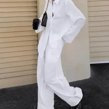 2024 Обикновено улично облекло стил дълъг ръкав блуза риза костюм хлабав жени бели панталони случайни две части комплект офис дамски екипировки