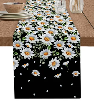 White Daisy Floral Gradient Table Runner Cotton Linen Wedding Dining Table Cover Cloth Home Kitchen Decoration Placemat