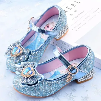 Frozen Elsa карикатура момичета ежедневни обувки детски обувки на висок ток елза принцеса замразени карикатура bowknot кожени обувки