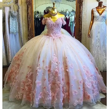 Angelsbridep 3D цветя топка рокля 15-годишен Quinceanera рокли от рамото скъпа дантела нагоре момиче рожден ден парти рокли