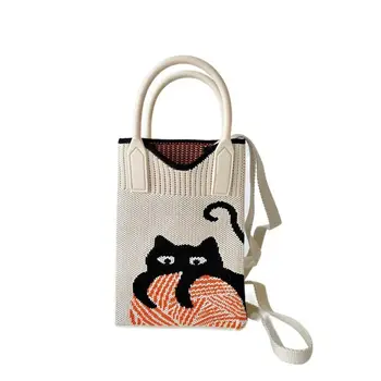 Плетене на една кука котка плетена чанта проста мини карикатура каишка корейски стил пазаруване