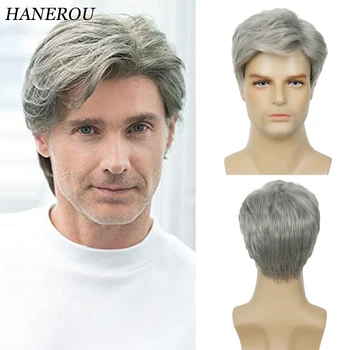 HANEROU Мъжки къси вълнообразни перуки синтетични омбре сребристо сиви пухкави пластове прическа перука за коса за ежедневно парти косплей