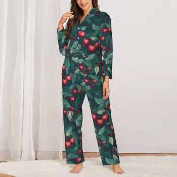 Череши печат пижама комплекти зелени листа печат Kawaii спално облекло жени дълги ръкави случайни ежедневни 2 парче нощно облекло голям размер