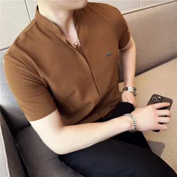 Персонализирана стояща врата риза с къс ръкав за мъже ледена коприна лека и тънка вафла модни фалшиви тениски с дизайн на фуста