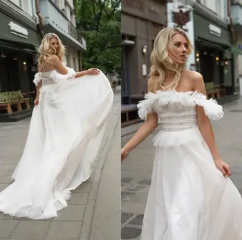 Дантелени сватбени рокли Апликации за рамо Линия Булчински рокли Поръчкови секси бутон обратно почистване влак халат De Mariee