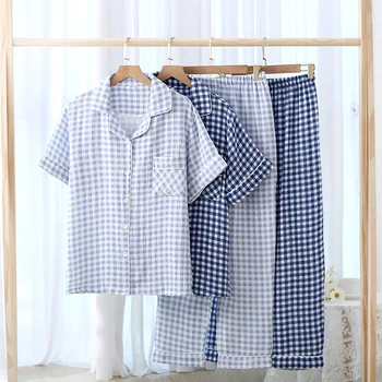 Cotton Plaid Design къс ръкав риза върховете с дълъг панталон 2 бр Мъжко спално облекло пижама комплект лято и есен домашно облекло