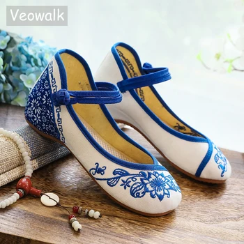 Veowalk сини цветя бродирани жените платно балет апартаменти реколта китайски стил дами случайни глезена каишка памук танц обувки