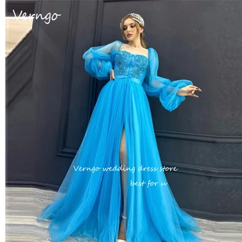 Verngo принцеса синьо Дубай арабски жени официални вечерни рокли бутер дълги ръкави скъпа апликация сплит абитуриентски рокли плюс размер