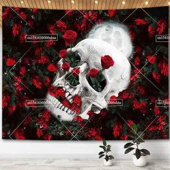 Череп роза гоблен Хелоуин скелет любовници гоблени за спалня стена висящи съзвездие естетически стая декор тапети