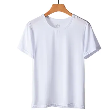 Голям размер кухи мъже долна риза лед коприна тениска мъжки O-образно деколте къси ръкави върховете плътен цвят тънък хладен дишаща основни ризи