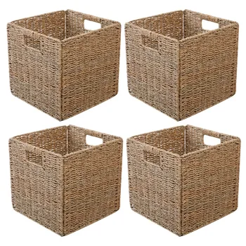 4X тъкани морска трева селска къща кухня съхранение организатор кошница кошче с дръжки за шкафове, килер, баня, перално помещение