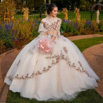 Принцеса бродерия Quinceanera рокли 2021 дълъг ръкав топка рокля илюзия дълъг ръкав сладък 15-годишна рокля пухкав абитуриентски бал