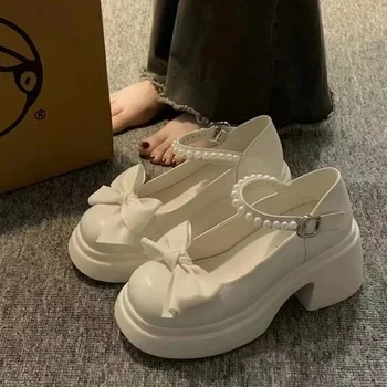 2024 Мъниста жени Мари Джейнс високи токчета обувки лято буци Лолита обувки нова мода лък рокля обувки марка Femme помпи Сапатос