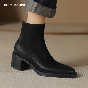 2023 Нови есен/зима дамски ботуши кръг Toe буци петата обувка западни ботуши Zapatos De Mujer глезена ботуши естествена кожа
