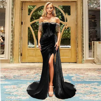 Луксозна блестяща черна вечерна рокля от рамото русалка роба De Soirre Официални абитуриентски рокли