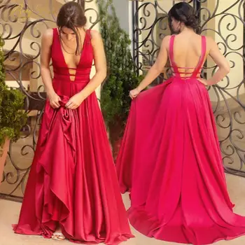 Секси червено А линия Абитуриентски рокли V деколте къдри Вечерни рокли Дълго официално почистване влак мода парти рокля vestido