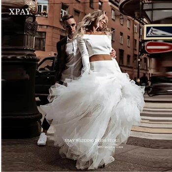 XPAY две парчета сватбени рокли от рамото дълги ръкави участък Топ тюл пола страна плюс размер реколта булчински рокли