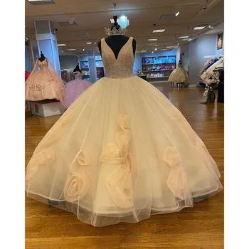 2023 Нов стил мъниста кристал пайети топка рокля сладки 3D цветя v-образно деколте принцеса рожден ден вечерни рокли Вестидос де Гала