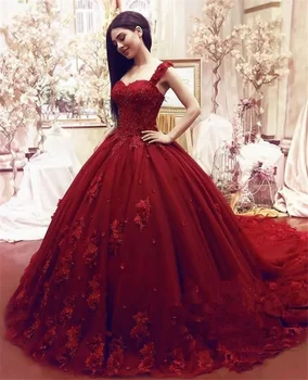 Вино червено сладко 16 Quinceanera рокля топка рокли дантела 3D флорални апликации формован маскарад абитуриентски вечер официално облекло вестидос