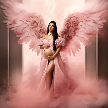 Руж розова фея абитуриентски рокли жени бутер ръкави фотография халат дами майчинство бебе душ вестидос