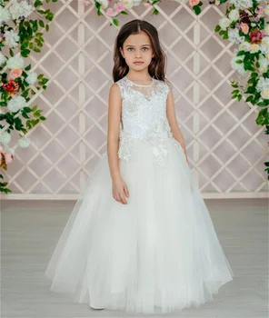 Рокля на момиче цвете бял тюл блясък дантела апликация сватба елегантен цвете дете първата принцеса евхаристия рожден ден рокля