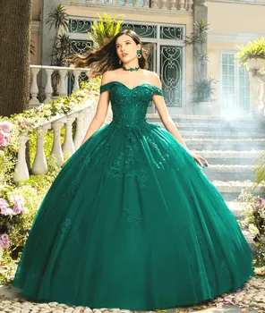 Green Quinceanera рокли топка рокля от рамото тюл апликации мъниста сладки 16 рокли 15 Anos