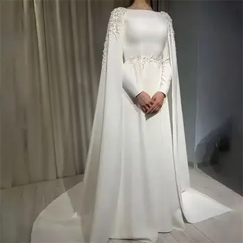 Бели елегантни вечерни рокли жени нос дълги ръкави лодка врата дантела апликация мюсюлмански официални бални рокли Арабска булка сватбена рокля