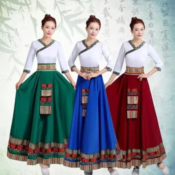 Китайски традиционен косплей фестивал Тибетска народна сцена Танцово облекло Костюм Жени Женско изпълнение Етнически стил Върхове Дълга пола