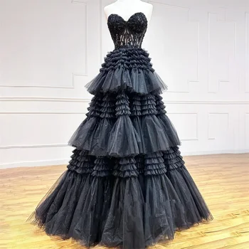 Лили Черно Елегантна секси рокля за сватбено парти Скъпа знаменитост рокли Апликации слой Рокли за специални поводи Халати от соар