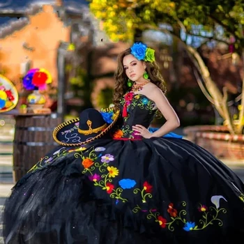 черен Шаро Quinceanera рокли топка рокля сладък тюл сатен бродерия пухкави мексикански сладки 16 рокли 15 Анос
