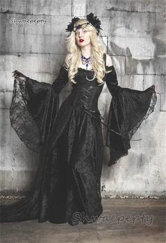 Готически абитуриентски рокли Flare дълги ръкави корсет линия черно кадифе дантела специален повод рокля Fansy маскарад Хелоуин костюми