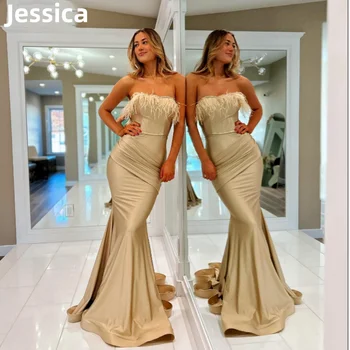 Jessica Champagne Prom Dress Вечерна рокля от копринено сатенфето Vestidos de Fiesta Секси русалка сватба елегантна дамска парти рокля
