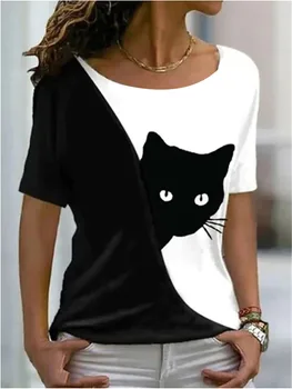 2023 Летни жени котка тема отпечатани живопис тениски O-образно деколте случайни женски върхове Daily пуловер нов дизайн тениска улично облекло