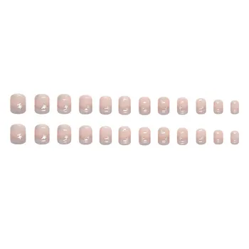 Светло розови лъскави фалшиви нокти с бял връх, сладки и очарователни фалшиви нокти за многократна употреба за ежедневно и парти носене