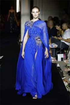 Кралско синьо шифон бала рокля луксозни кристали мъниста пълни ръкави страна сплит червен килим вечерно парти рокля по поръчка