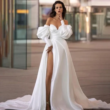 Елегантни дълги V-образно деколте сатенени сватбени рокли с джобове A-Line слонова кост нагънат почистване влак Vestidos de Novia булчинска рокля за жени