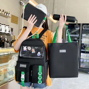 4 бр комплекти платно ученически чанти за тийнейджърки жените раница платно училище чанта колеж студент лаптоп раници със значка