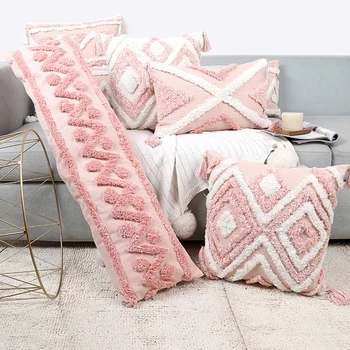 Tufted бохемски розов стил възглавница покрива геометрични модел пискюли дълго хвърляне възглавница случай за хол диван декорация дома