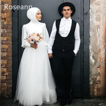 Мюсюлманска слонова кост A-line сватбени рокли драпирани етаж дължина тюл пълен висока яка етаж дължина сатен булката рокли роба de mariée