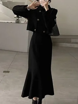 Hepburn черен 2 парче рокля комплект жени тънък дълъг ръкав бутон палто + русалка пола реколта елегантен офис дама Y2k костюм 2023 нови