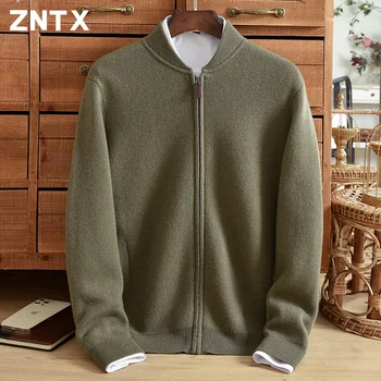 ZNTX Чиста кашмирена жилетка мъжки дебел пуловер хлабав половин водолазка цип на средна възраст татко костюм плътен цвят топло палто плета