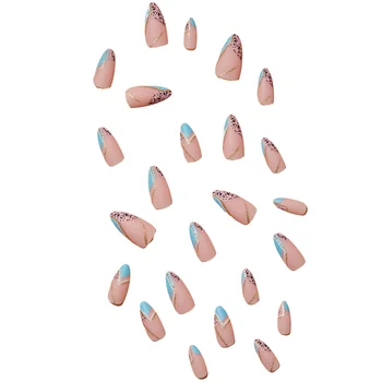 Геометрична линия декор бадемови фалшиви нокти леки и лесни за залепване фалшиви нокти за любители на маникюр и блогъри за красота
