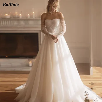 Bafftafe Линия дълги ръкави сватбени рокли формован 3D цветя апликации дантела булката парти сватбени рокли почистване влак булчински рокля