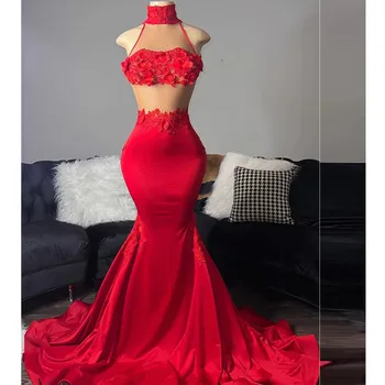 Секси русалка червена абитуриентска рокля за черни момичета сатен високо деколте апликации 3D потоци абитуриентски рокли по поръчка